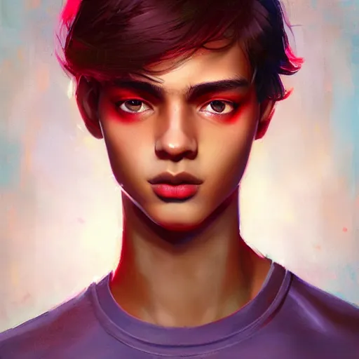 Image similar to colorful and festive captivating teenager with straight short brown hair covering his eye, dark skin, big lips, big eyes, wearing a red t - shirt. rich vivid colors, ambient lighting, dynamic lighting, 4 k, atmospheric lighting, painted, intricate, highly detailed by charlie bowater