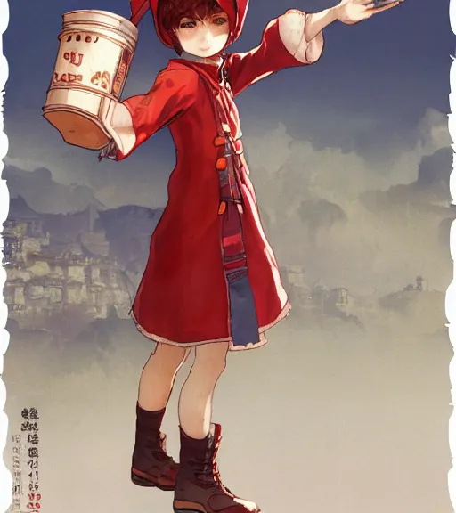 Prompt: attractive little boy character inspired in little red riding hood and venti from genshi impact, digital artwork made by akihiko yoshida and makoto shinkai