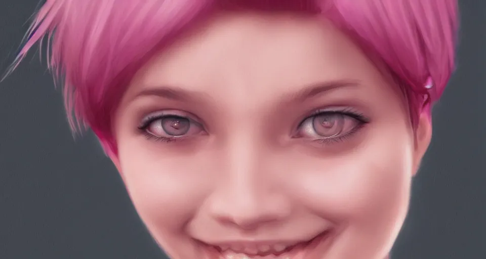 Prompt: girl with short pink hair looking into the camera smiling, trending on artstation, digital art