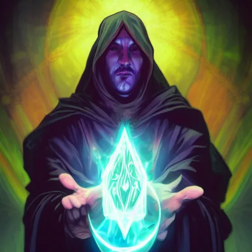 Image similar to a warlock is casting a magic spell while with magic orb floating in his hand , dynamic pose, chromatic aberration , medium level shot, Mucha style , Grim fantasy, illustration ,concept art,