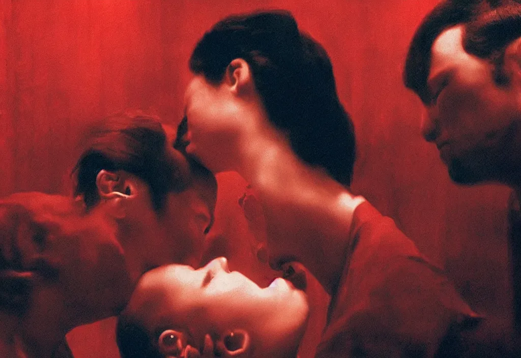 Prompt: Close-up art house film still of a passionate kiss between two lovers, In The Mood for Love, red color and lighting, photorealism, cinematic atmosphere, high details, sharp focus