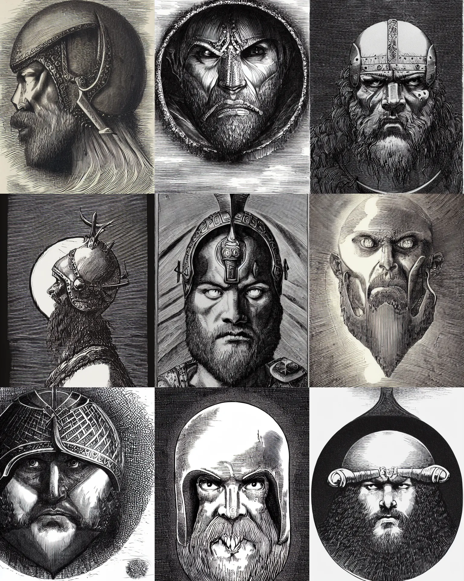 Prompt: detailed circle shape of a head of a beared viking wearing a bone helm sun behind head, far from camera, front face symmetrical, trending on artstation, by gustave dore kentaro miura, black ink over white paper