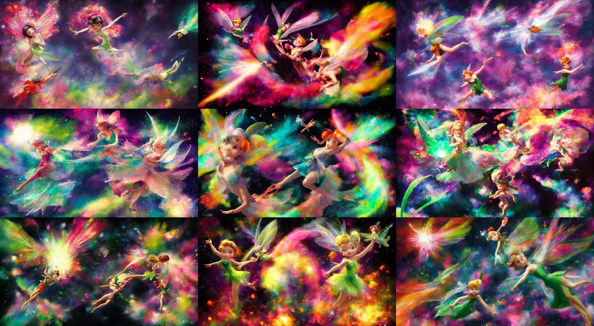 Prompt: portrait of tinker bell flying through a centered explosion of colorful powder on a black background, wlop, steve argyle, ilya kuvshinov, ralph horsley, rossdraw, mark ryden, daniel f. gerhartz, sophie anderson, lilia alvarado, tom chambers