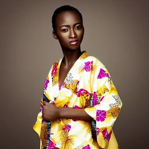 Prompt: “ portrait of beautiful young africanfemale model wearing a kimono. golden hour, zeiss 1 5 0 mm f 2. 8 hasselblad, award - winning photo ”