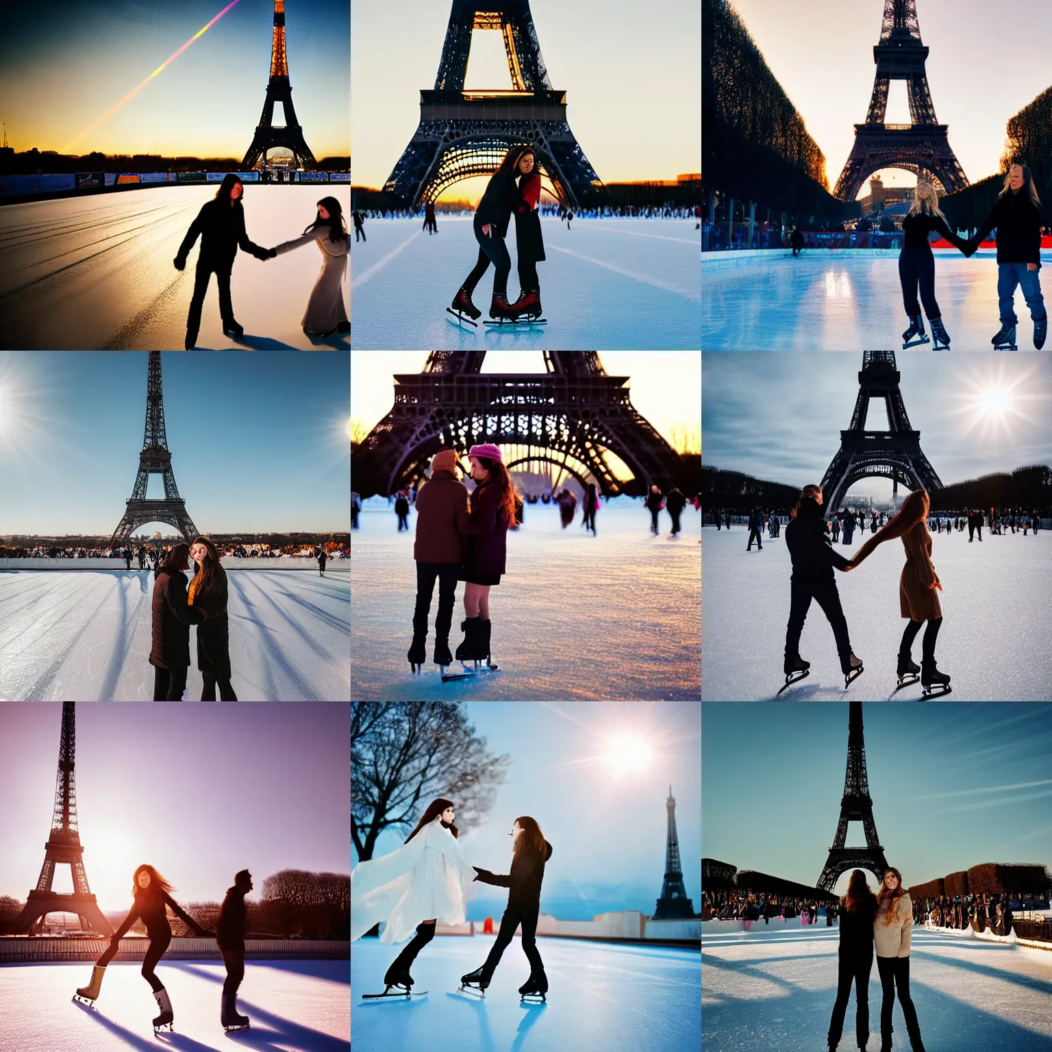 Prompt: extreme long shot, landscape, man and woman with long brown hair ice skating in front of eiffel tower, soft lighting, soft aesthetic, cool pallet, soft focus, lens flare