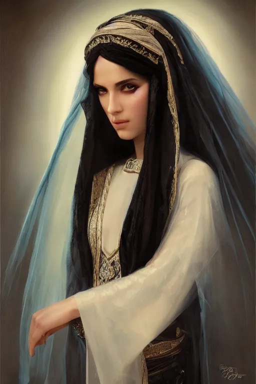 Image similar to arab Ameera al-Taweel, bright blue eyes, long wavy black hair, white veil, closeup, focus face, elegant, highly detailed, centered, oil painting, artstation, concept art by tom bagshaw