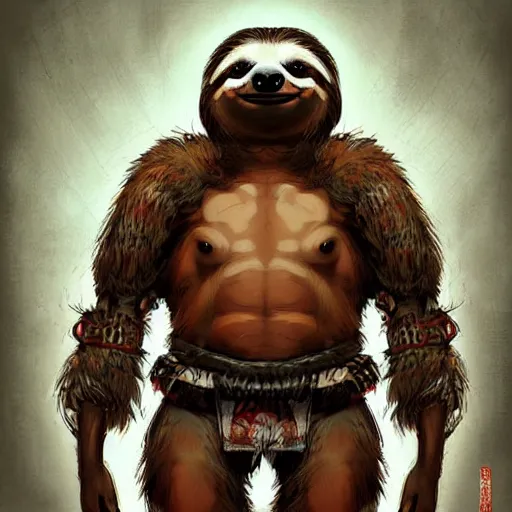 Prompt: graphic, hyperreal, portraiture illustration of anthropomorphic sloth in traditional samurai armor : : digital art, concept art, character development : : illustrated by artgerm, yoji shinkawa, scott buoncristiano, nychos