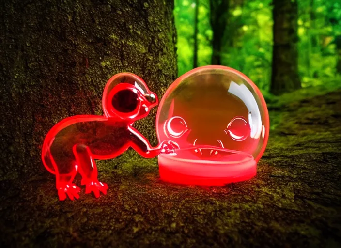 Prompt: photo of a translucent clear chibi style baby dinosaur with symmetrical head and eyes, made out of clear plastic, but has red hypercolor glowing electric energy inside its body, and electricity flowing around the body. in the forest. fantasy magic style. highly detailed 8 k. intricate. nikon d 8 5 0 3 0 0 mm. award winning photography. design by pixar