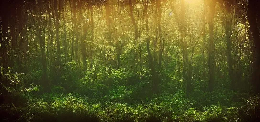 Image similar to “ ethereal, dreamland, a forest growing on the ocean surface, background of flowery hill, bokeh, beautiful shadows, soft, dreamy. ”