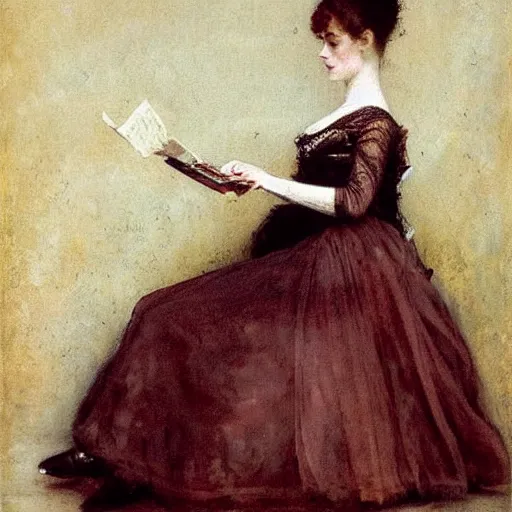 Image similar to victorian girl in ball gown absent - mind looking at her dance card, painting by alfred stevens