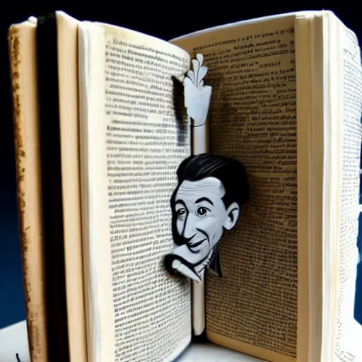 Prompt: hyperrealistic upcycled book sculpture of walt disney