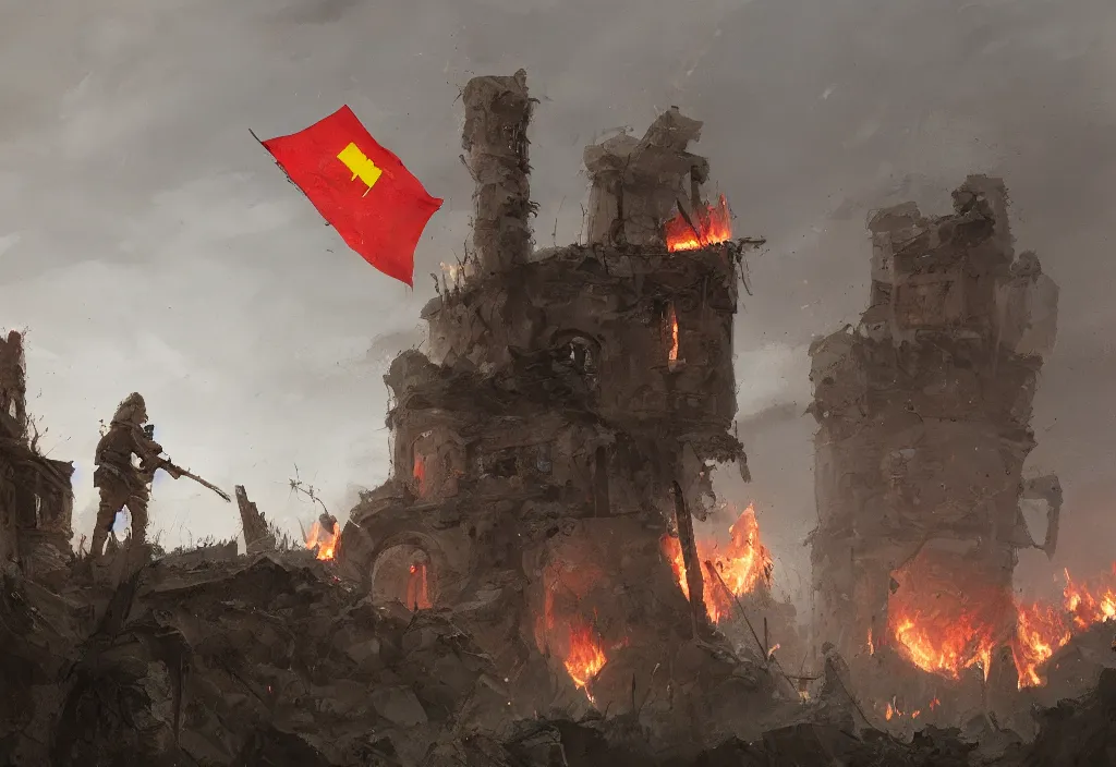 Image similar to a small ruined stronghold with a burning swedish flag hanging from a broken flag pole, artstation, jakub rozalski, high detail