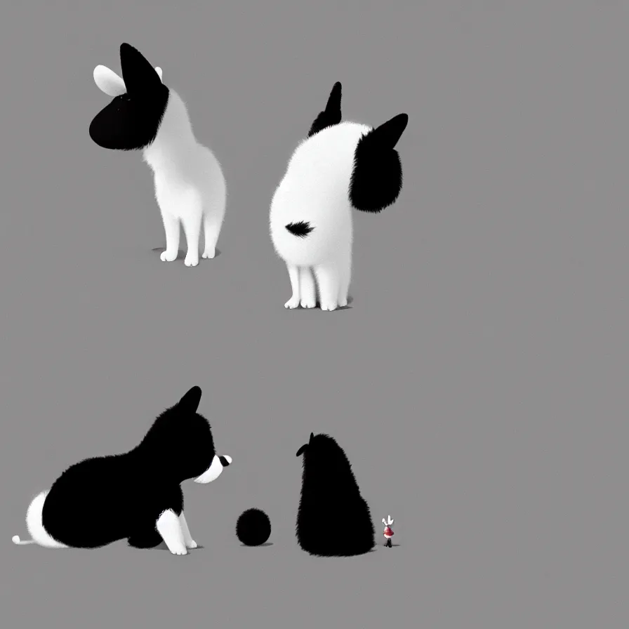 Image similar to Goro Fujita illustrating a beautiful black and white fluffy dog, with big ears on a plain background, art by Goro Fujita, sharp focus, highly detailed, ArtStation