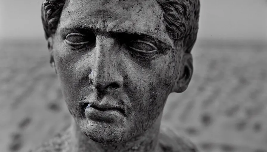 Image similar to 1 9 6 0 s movie still close up of marcus atilius regulus'face with the eyes sew wide open, his body buried in the sand, cinestill 8 0 0 t 3 5 mm b & w, high quality, heavy grain, high detail, texture, dramatic light, anamorphic, hyperrealistic, detailed hair