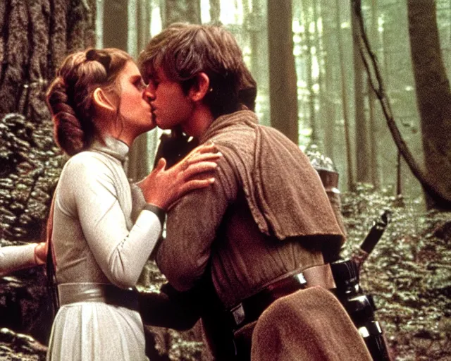 Image similar to luke skywalker, princess leia and han solo hugging and kissing in the forest of endor at the end of return of the jedi