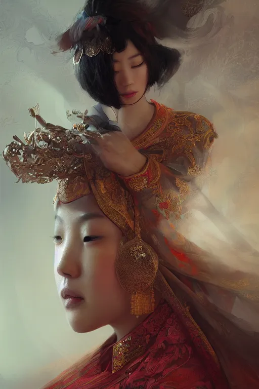 Image similar to chinese princess, gorgeous, portrait, intricate, elegant, volumetric lighting, scenery, digital painting, highly detailed, artstation, sharp focus, illustration, concept art, ruan jia, steve mccurry