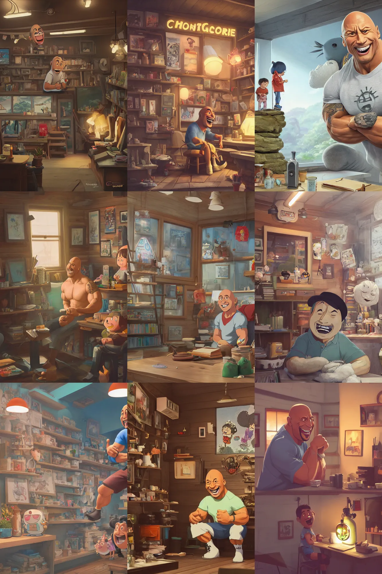 Prompt: a wholesome cottagecore illustration of a happy cartoon Dwayne Johnson at the tattoo shop,, studio Ghibli, Pixar and Disney animation, sharp, Rendered in Redshift and Unreal Engine 5 by Greg Rutkowski, Bloom, dramatic lighting