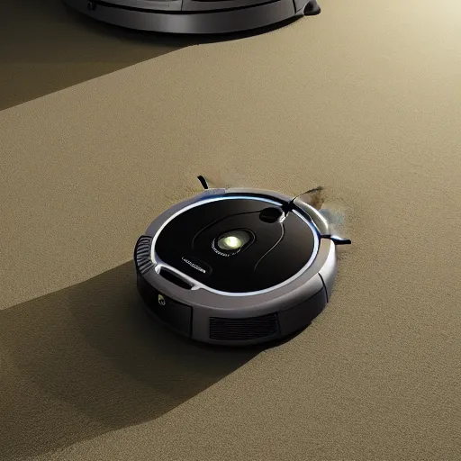 Image similar to a highly detailed digital image of a Roomba by Andrew Chiampo, artstation, and Frederik Heyman, extremely detailed sand, stunning volumetric lighting, hyper realism, fantasy 4k, 8k