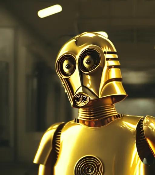 Image similar to c - 3 po as a hamster, movie still, star wars, cinematic, sharp focus, cinematic grain, cinematic lighting, 8 k