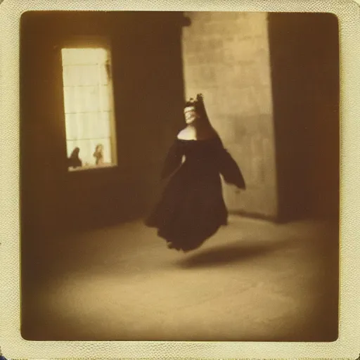 Image similar to “Anne Boleyn running away from the executioner, polaroid photo”