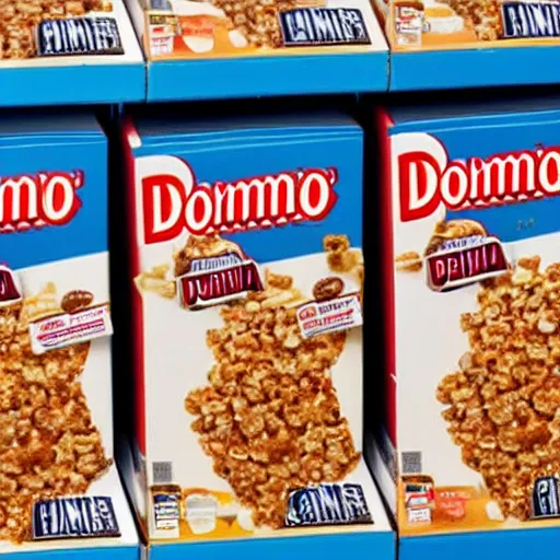 Prompt: box of domino's pizza brand breakfast cereal on a store shelf