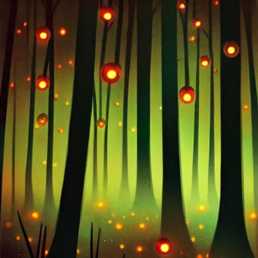 Prompt: forest at night with floating lights, retro science fiction vintage art