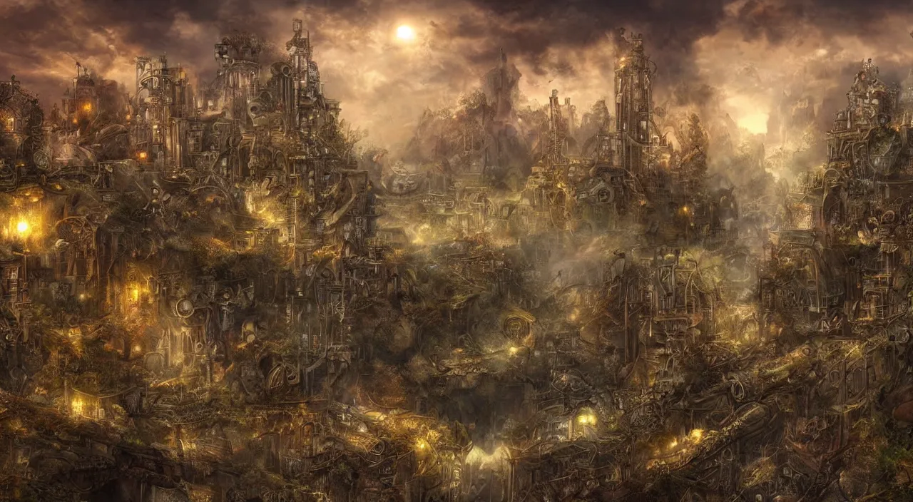 Prompt: a stunning digital artwork of a steampunk landscape