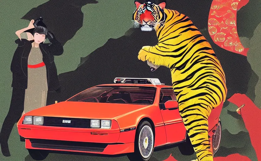 Image similar to a red delorean and a yellow tiger, painting by hsiao - ron cheng & utagawa kunisada, magazine collage style,