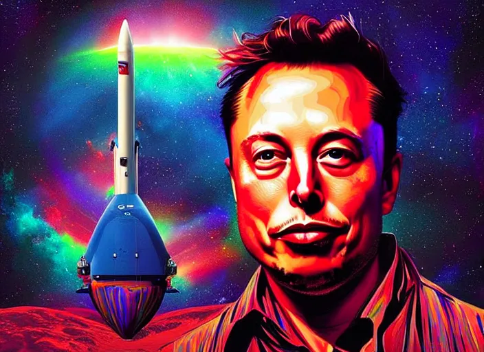 Prompt: “ a psychedelic portrait of elon musk by a rocket, vibrant color scheme, highly detailed, in the style of romanticism, cinematic, artstation, moebius, greg rutkowski ”