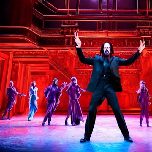 Image similar to Production photo of John Wick the musical on broadway, dancing, singing, fighting, John Wick costumes by Julie Taymor, set design by Julie Taymor