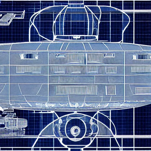 Image similar to a detailed blueprint of an advanced UFO spacecraft, blue lines, high contrast