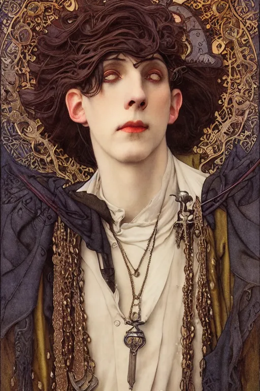 Image similar to edmund dulac, leyendecker, highly detailed portrait, a beautiful androgynous sebastian michaelis, long hair, tall and thin, wearing several pendants, art nouveau, stephen bliss, unreal engine, by greg rutkowski, loish, ferdinand knab, ilya kuvshinov, rossdraws, tom bagshaw, alphonse mucha, global illumination, radiant light