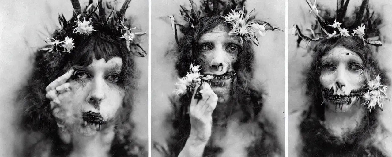 Image similar to 1920s portrait photography of a woman transforming into a monster, edelweiss growing out of his face, goat horns on his head