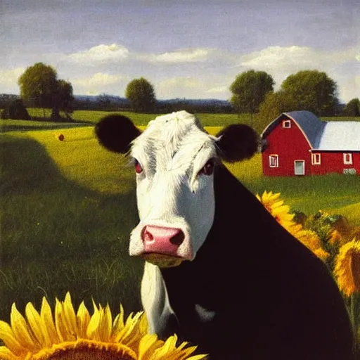 Image similar to up close face portrait of a black and white cow in a beautiful field of sunflowers with a red barn behind it, by Michael Sowa, rustic, golden hour, extremely detailed masterpiece, oil on canvas, by J. C. Leyendecker and Peter Paul Rubens and Edward Hopper and Michael Sowa,