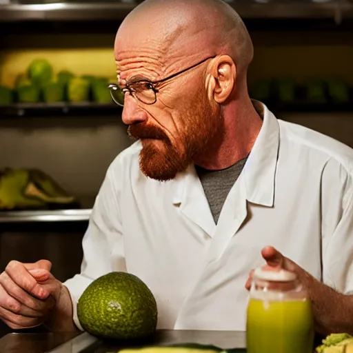 Image similar to walter white eating avocado roll, photography,