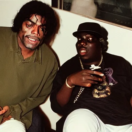 Image similar to a photograph of michael jackson and biggie smoking a joint together