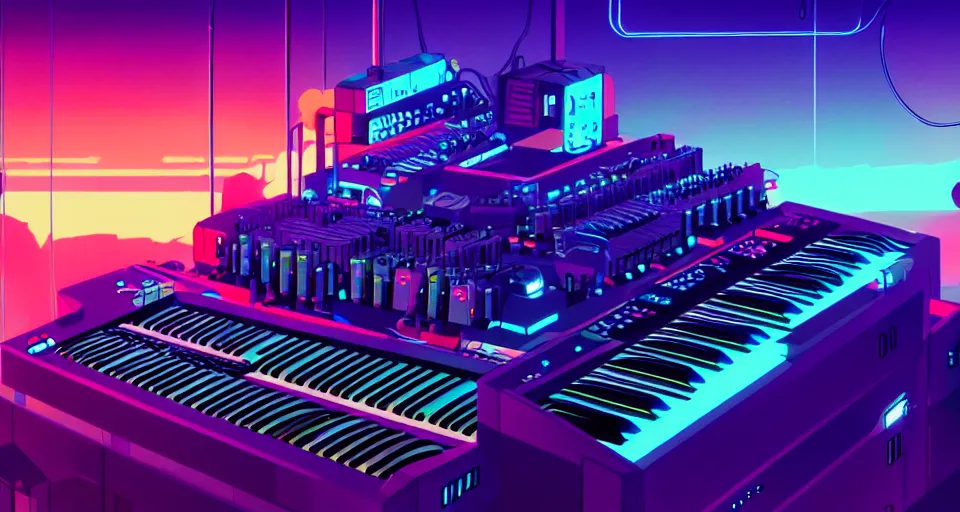Prompt: a layout of amazing futuristic synthesizers, cinematic lighting, detailed, beautiful colors, by greg rutowski and studio ghibli