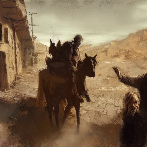 Prompt: pastel on canvas of Mary and Joseph being turned away from an inn at night, pack animals in the background, crowded city streets, ancient setting, looming desert walls, by Jeremy Mann, earthy tones, serious, anxiety, realistic, stylized, detailed, loose brush strokes