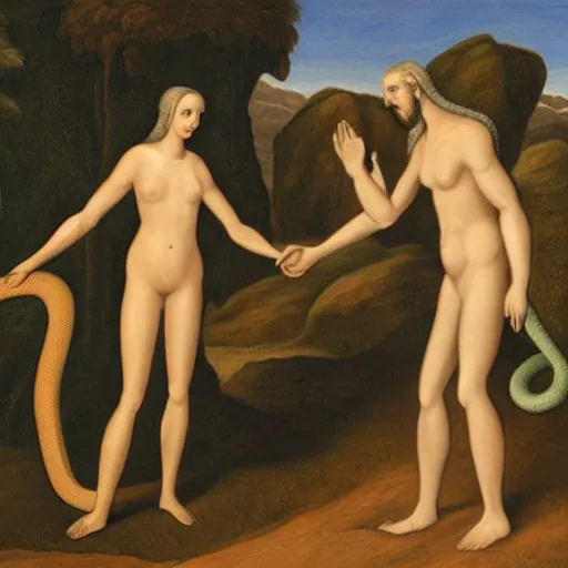 Image similar to adam and eve shaking hands with an anthromorphic snake