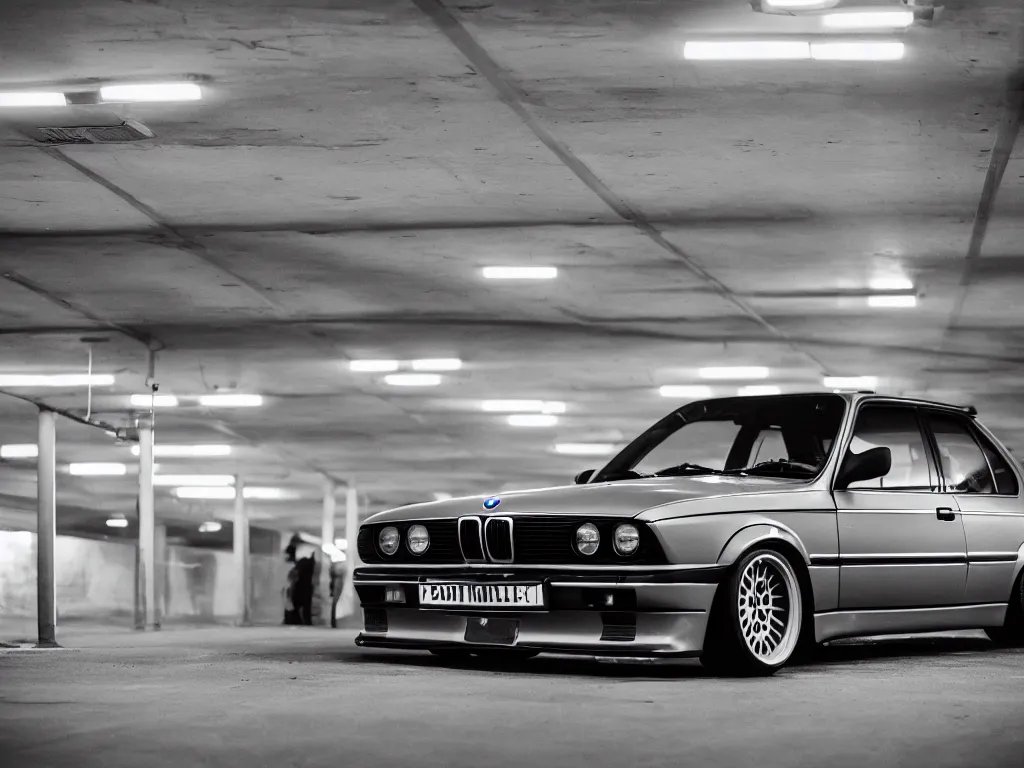 Prompt: a modified bmw e 3 0 with lights on in a futuristic neon parking garage, 3 5 mm photography, car photography, clean lines, realistic