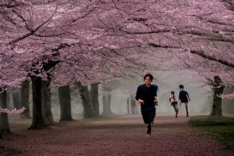 Image similar to vfx movie scene closeup japanese couple running through cherry blossom forest, natural lighting by emmanuel lubezki