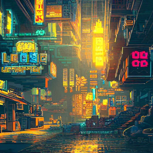 Image similar to fantastic lighting, pixel art, high detail , 16 bits, cyberpunk market, 2d