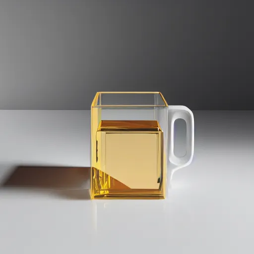 Image similar to an ultra high definition professional studio quality photograph of a transparent perspex cube shaped pastel coloured mug on a white plinth in an empty white room. dramatic lighting, ray tracing, refraction, shallow d. o. f, colour corrected, golden ratio, three point light.