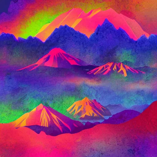 Image similar to psychedelic mountains, heatmap skies, photorealistic