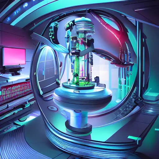 Prompt: futuristic robotic neoclassical computer case cybernetic symbiosis thick bifurcated robotic cnc surgical hybrid mri 3 d printer machine making a bio chemical lab, sci - fi, highly detailed, vibrant colors, digital painting, artstation, concept art, smooth, sharp focus, illustration, art by miura kentago