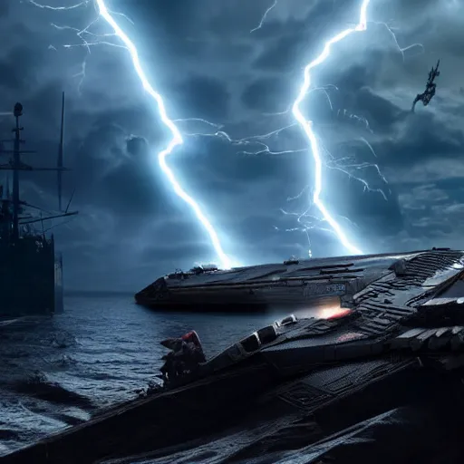 Prompt: a star destroyer being pulled in half by an evil yoda covered in force lightning, cinematic lighting, ultra realistic, 8 k,