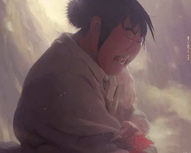 Image similar to a 50 year old brunnete chinese man with puffy cheeks bursting in tears on the floor, horror scene, dramatic, close up shot, anime art, Greg Rutkowski, studio ghibli, dramatic lighting