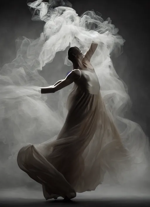 Image similar to a Photorealistic dramatic hyperrealistic render of a beautiful Female smoke dancer by Ken Brower and Deborah Ory of NYC Dance project,Lois Greenfield,Flowing cloth and smoke,Beautiful dynamic dramatic dark moody lighting,volumetric,shadows,cinematic atmosphere,Octane render,8K