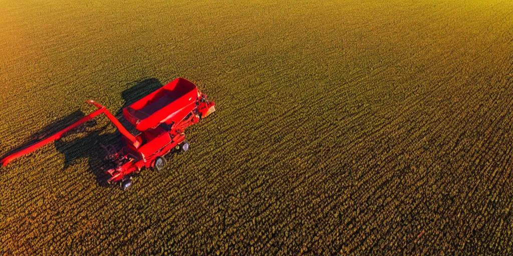 Image similar to Aerial view of red harvester harvesting ripe corn field, wide angle photo, photo realistic image, 4K, golden hour look