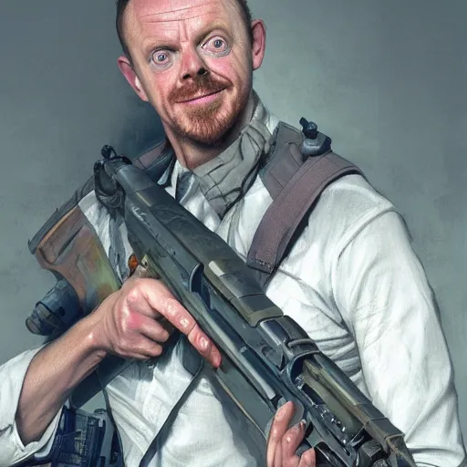 Image similar to portrait painting of smiling simon pegg with a rifle, ultra realistic, concept art, intricate details, eerie, highly detailed, photorealistic, octane render, 8 k, unreal engine. art by artgerm and greg rutkowski and alphonse mucha